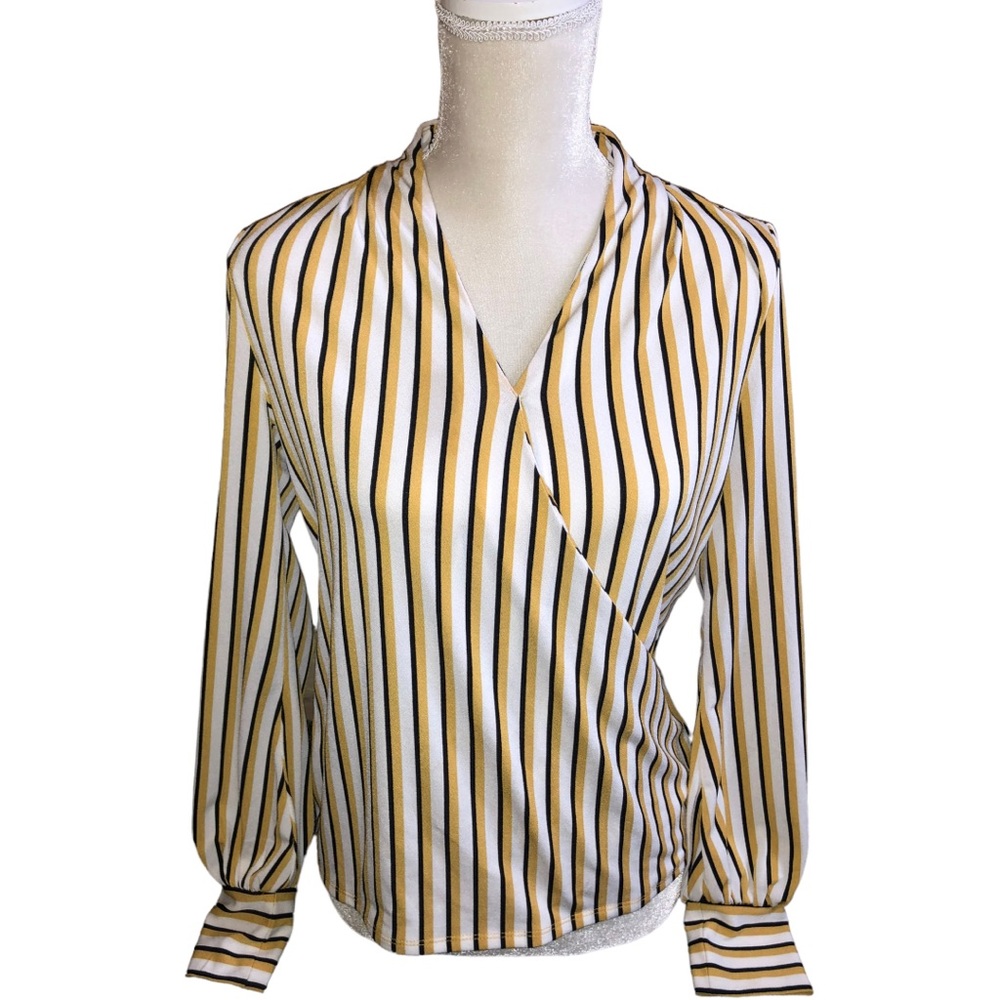 Adrianna Papell White/ Yellow/Black Stripe Wrap Long Sleeve Blouse - S